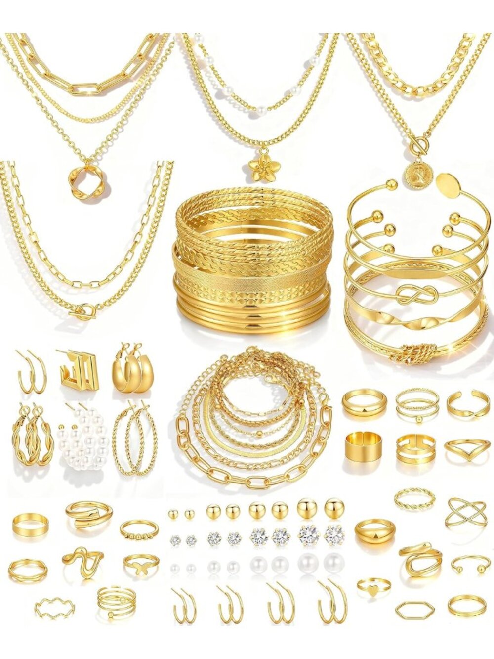 78-Piece Gold Jewelry Set for Women: Necklaces, Bangles, Earrings & Rings Gift